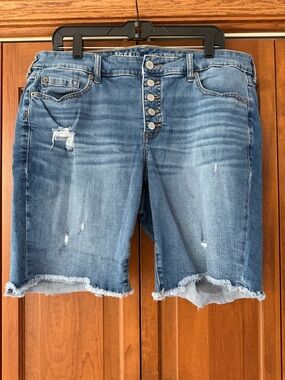 torrid Light Blue Distressed Button-Front Denim Bermuda Shorts